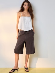 Chocolate Brown Linen Blend Pull On Knee Length Shorts - Image 4 of 10