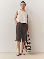 Chocolate Brown Linen Blend Pull On Knee Length Shorts - Image 6 of 10