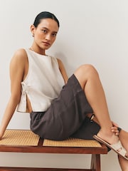 Chocolate Brown Linen Blend Pull On Knee Length Shorts - Image 7 of 10