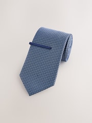 Steel Blue Textured Tie with Tie Clip - Image 1 of 3