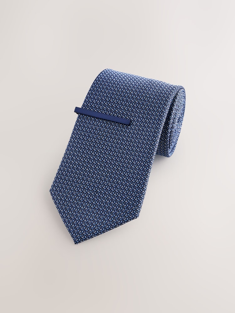 Steel Blue Textured Tie with Tie Clip - Image 1 of 3