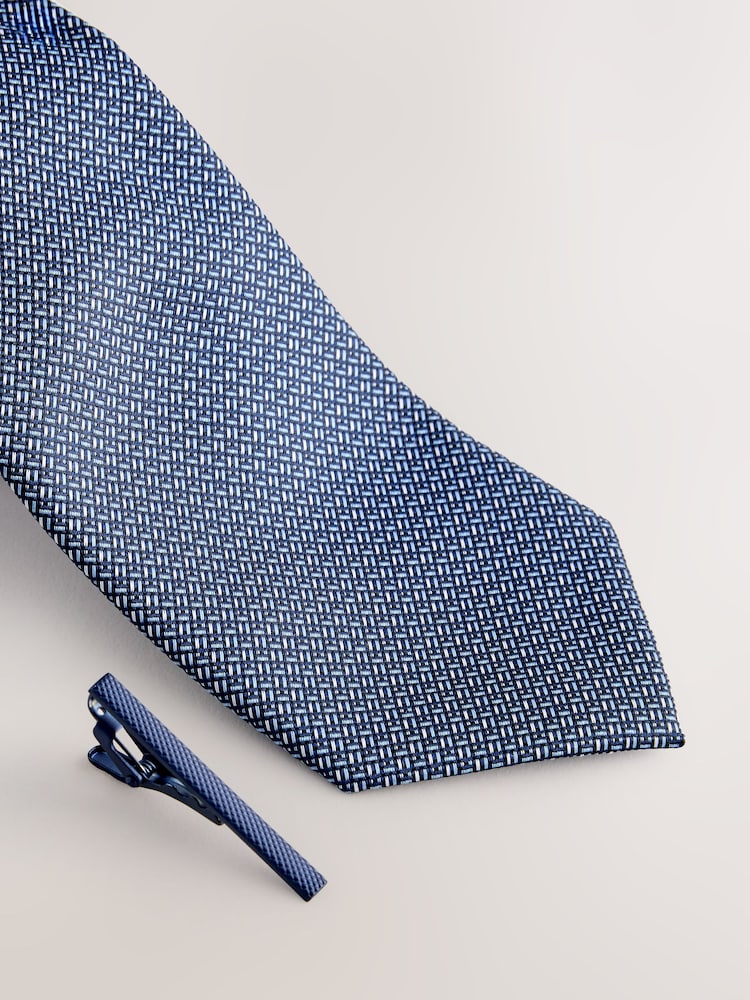 Steel Blue Textured Tie with Tie Clip - Image 2 of 3