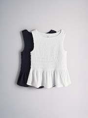 The Set 2 Pack Crew Neck Shirred Top With Linen Navy Blue/White - Image 1 of 5