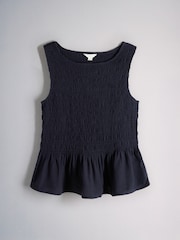 The Set 2 Pack Crew Neck Shirred Top With Linen Navy Blue/White - Image 2 of 5