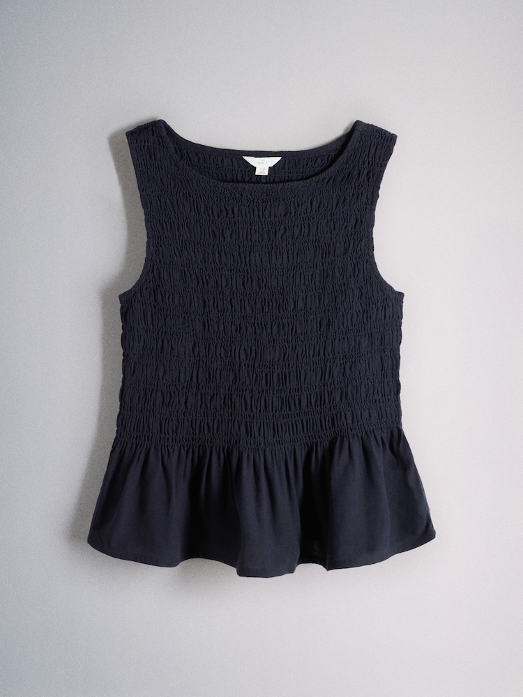 The Set 2 Pack Crew Neck Shirred Top With Linen Navy Blue/White - Image 2 of 5