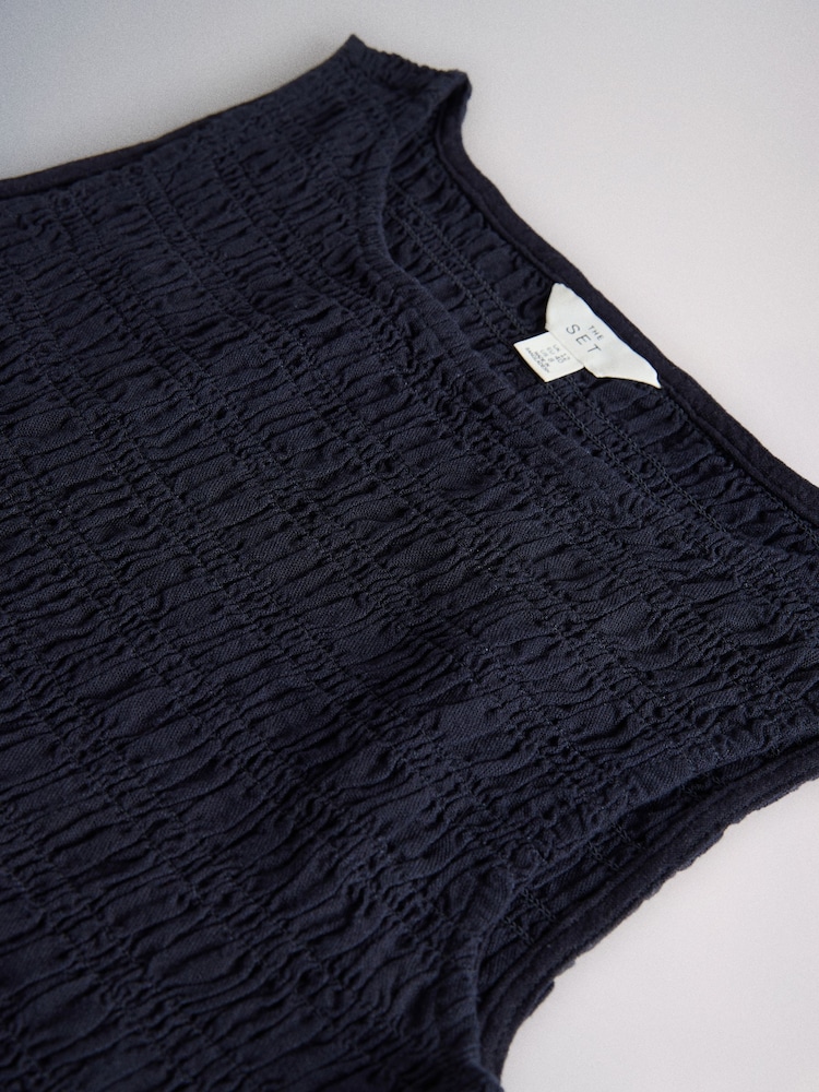 The Set 2 Pack Crew Neck Shirred Top With Linen Navy Blue/White - Image 5 of 5