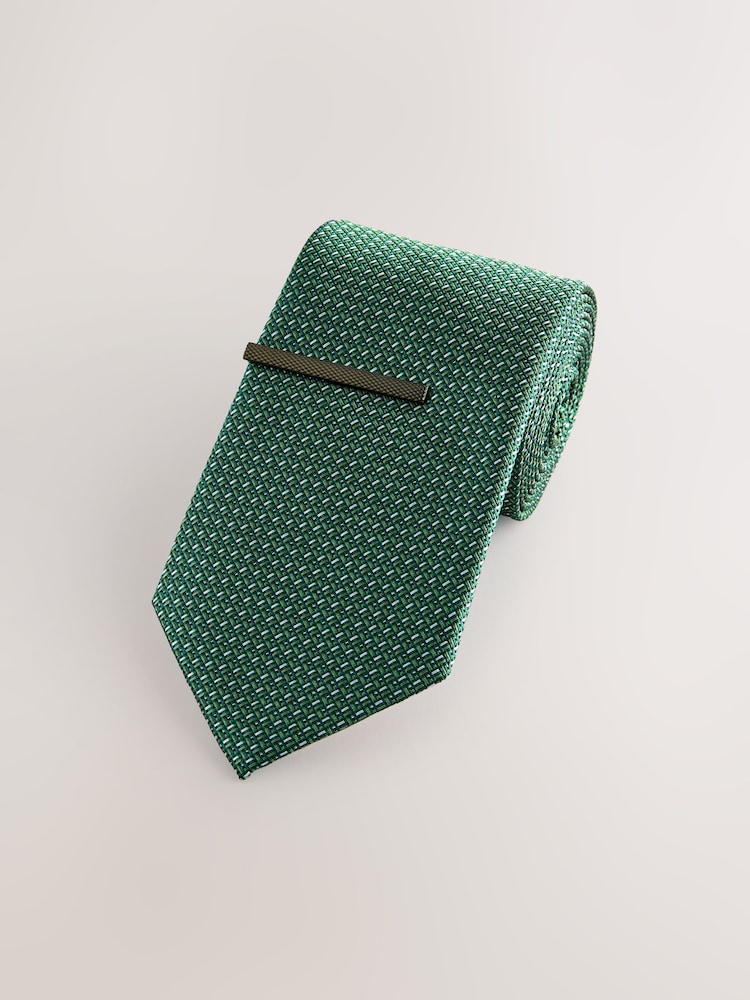 Emerald Green Textured Tie with Tie Clip - Image 1 of 3
