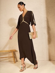 Love & Roses Chocolate Brown Sequin Trim Hanky Hem Midi Dress - Image 1 of 4