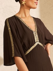 Love & Roses Chocolate Brown Sequin Trim Hanky Hem Midi Dress - Image 2 of 4