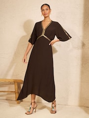 Love & Roses Chocolate Brown Sequin Trim Hanky Hem Midi Dress - Image 3 of 4