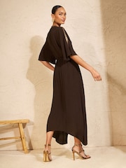 Love & Roses Chocolate Brown Sequin Trim Hanky Hem Midi Dress - Image 4 of 4