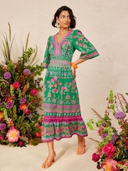 Love & Roses Bright Green Woodblock Ric Rac Detail Midi Dress - Image 1 of 5