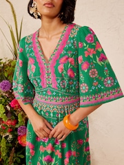 Love & Roses Bright Green Woodblock Ric Rac Detail Midi Dress - Image 2 of 5