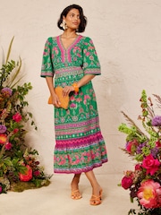 Love & Roses Bright Green Woodblock Ric Rac Detail Midi Dress - Image 3 of 5