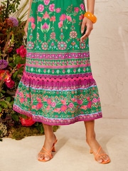 Love & Roses Bright Green Woodblock Ric Rac Detail Midi Dress - Image 4 of 5