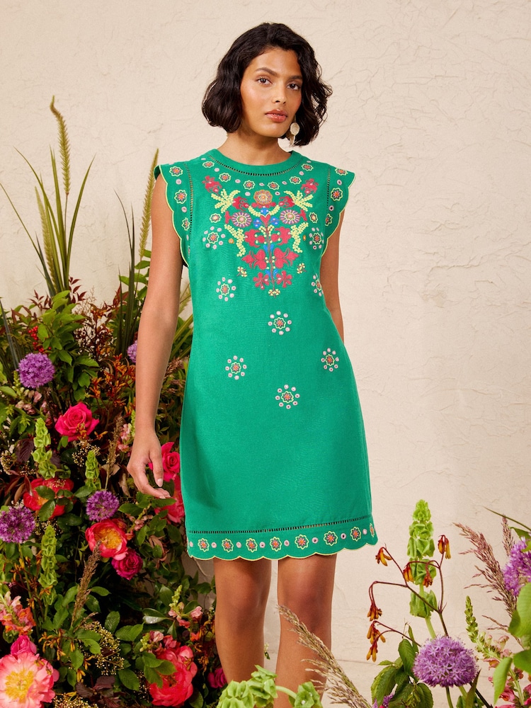 Love & Roses x V&A Bright Green Scallop Embroidery Mini Dress - Image 2 of 5