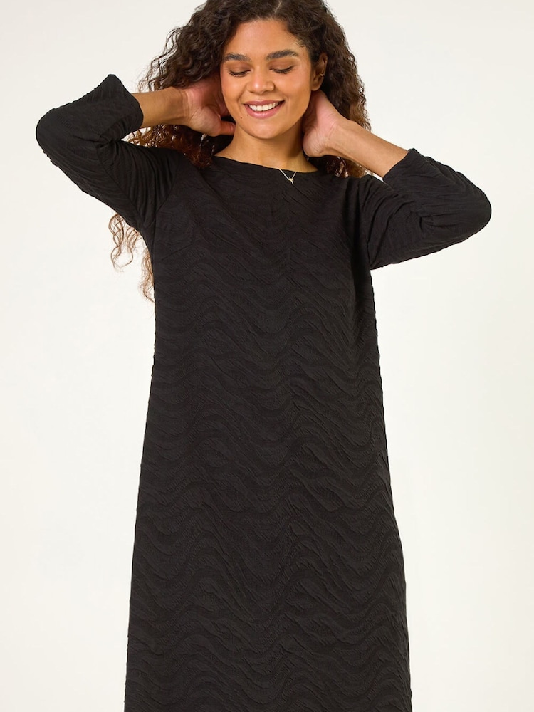 Roman Black Wave Textured Stretch A-Line Dress - Image 2 of 5 Roman Black Wave Textured Stretch A-Line Dress - Image 2 of 5
