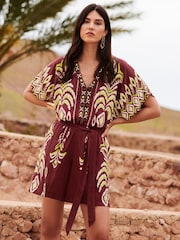 Love & Roses Chocolate Brown Woodblock Beaded Playsuit - Image 1 of 4