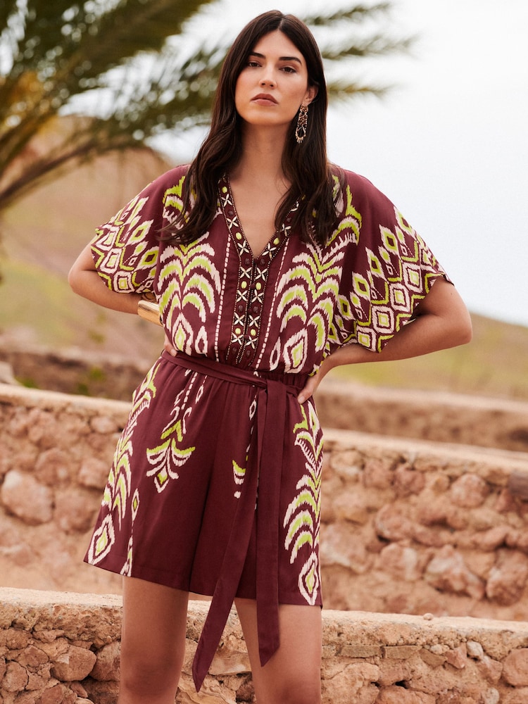 Love & Roses Chocolate Brown Woodblock Beaded Playsuit - Image 1 of 4
