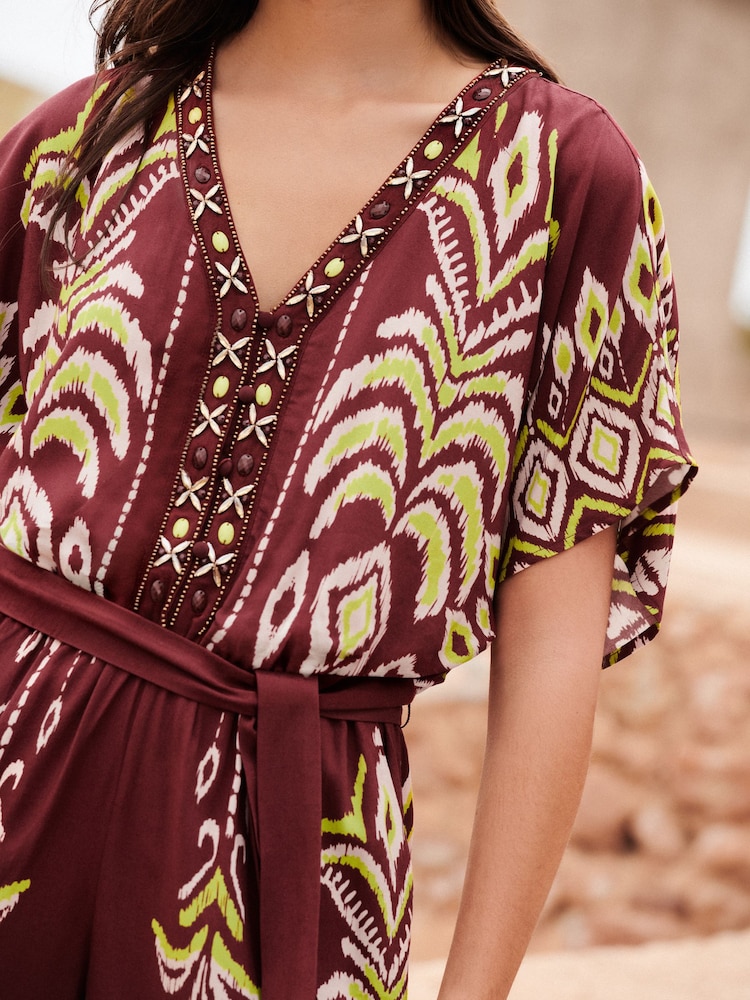 Love & Roses Chocolate Brown Woodblock Beaded Playsuit - Image 2 of 4