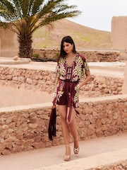 Love & Roses Chocolate Brown Woodblock Beaded Playsuit - Image 3 of 4