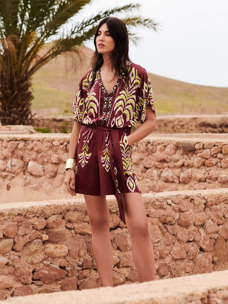Love & Roses Chocolate Brown Woodblock Beaded Playsuit - Image 4 of 4