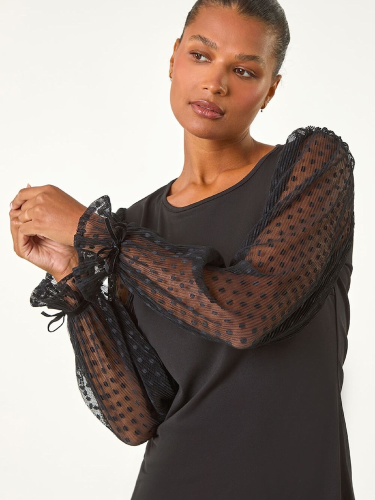 Roman Black Flock Spot Sleeve Stretch Tunic Top - Image 2 of 5 Roman Black Flock Spot Sleeve Stretch Tunic Top - Image 2 of 5