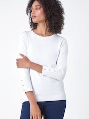 Roman White Diamante Button Scallop Edge Jumper - Image 1 of 5