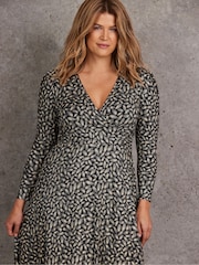 Live Unlimited Black Abstract Print Puff Sleeve Wrap Dress - Image 2 of 4