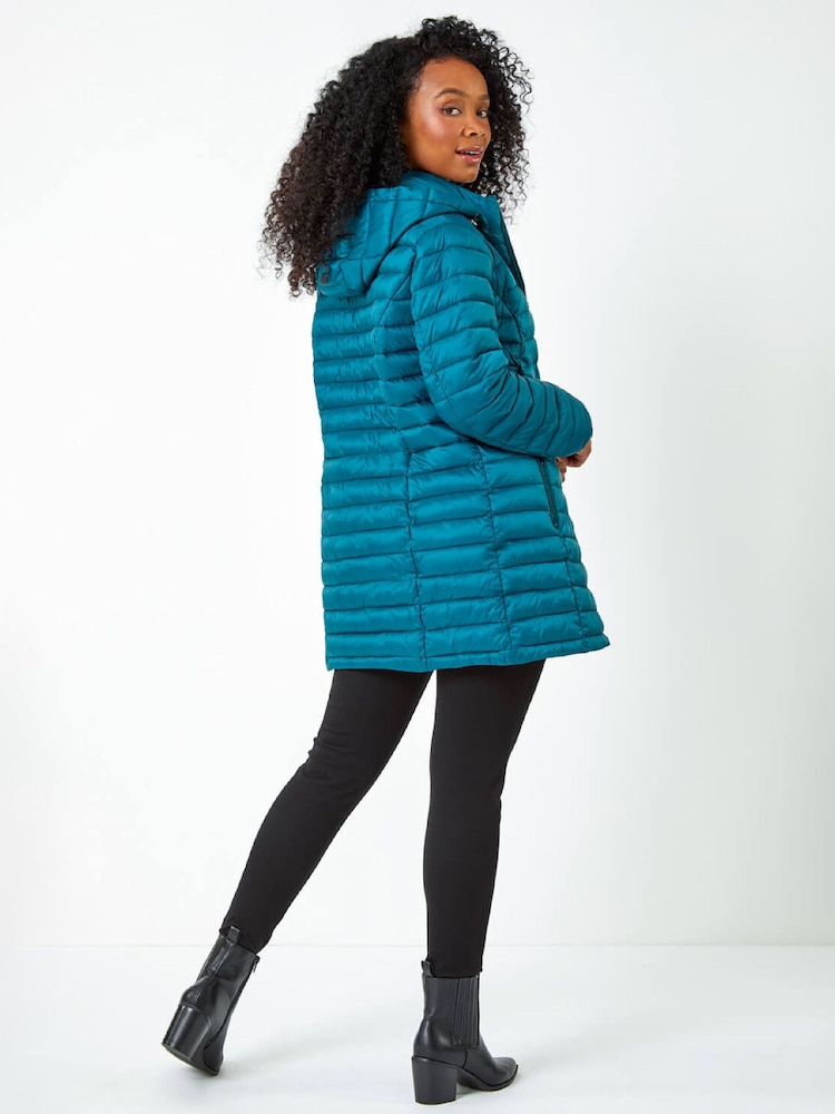 Roman Aqua Blue Petite Metallic Finish Quilted Puffer Coat - Image 2 of 4 Roman Aqua Blue Petite Metallic Finish Quilted Puffer Coat - Image 2 of 4