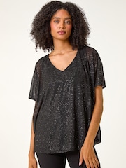 Roman Black Glitter Mesh Overlay Tunic Stretch Top - Image 1 of 5