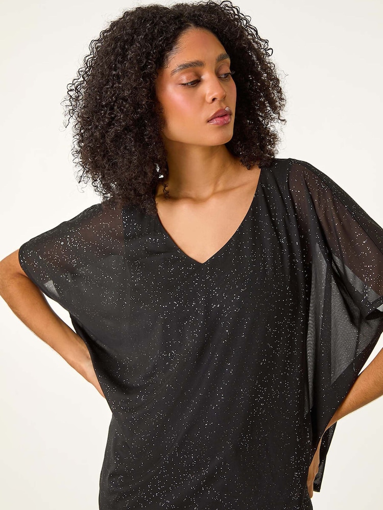 Roman Black Glitter Mesh Overlay Tunic Stretch Top - Image 2 of 5 Roman Black Glitter Mesh Overlay Tunic Stretch Top - Image 2 of 5