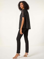 Roman Black Glitter Mesh Overlay Tunic Stretch Top - Image 4 of 5