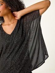Roman Black Glitter Mesh Overlay Tunic Stretch Top - Image 5 of 5