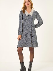 Roman Blue Lace Collar Spot Print Midi Dress - Image 2 of 5