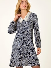 Roman Blue Lace Collar Spot Print Midi Dress - Image 4 of 5