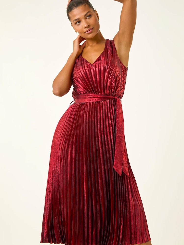 Buy Roman Red Metallic Pleat Belted Midi Dress from Next Gibraltar