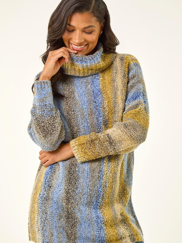 Roman Blue Boucle Stripe Cowl Neck Jumper - Image 1 of 5 Roman Blue Boucle Stripe Cowl Neck Jumper - Image 1 of 5