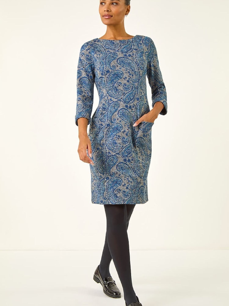 Roman Blue Paisley Print Pocket Shift Stretch Dress - Image 1 of 5 Roman Blue Paisley Print Pocket Shift Stretch Dress - Image 1 of 5