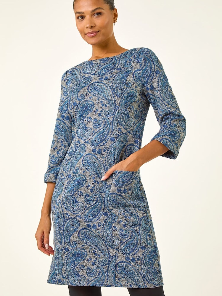 Roman Blue Paisley Print Pocket Shift Stretch Dress - Image 2 of 5 Roman Blue Paisley Print Pocket Shift Stretch Dress - Image 2 of 5