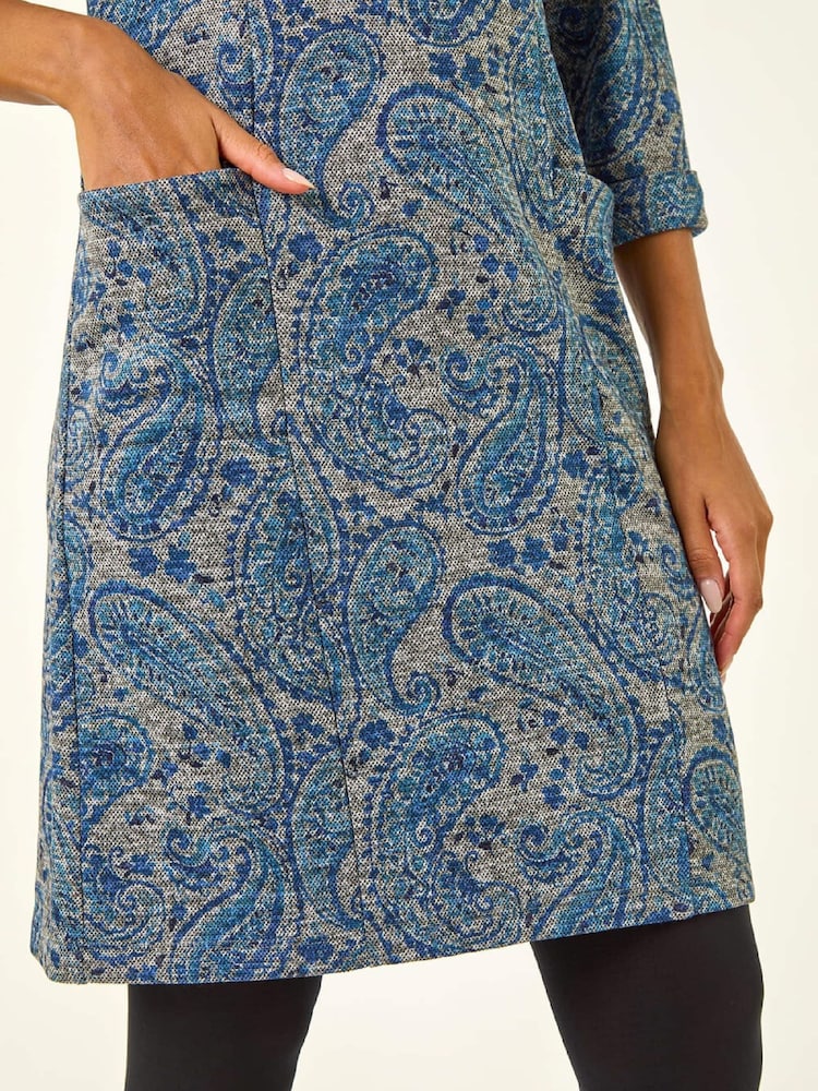 Roman Blue Paisley Print Pocket Shift Stretch Dress - Image 5 of 5 Roman Blue Paisley Print Pocket Shift Stretch Dress - Image 5 of 5