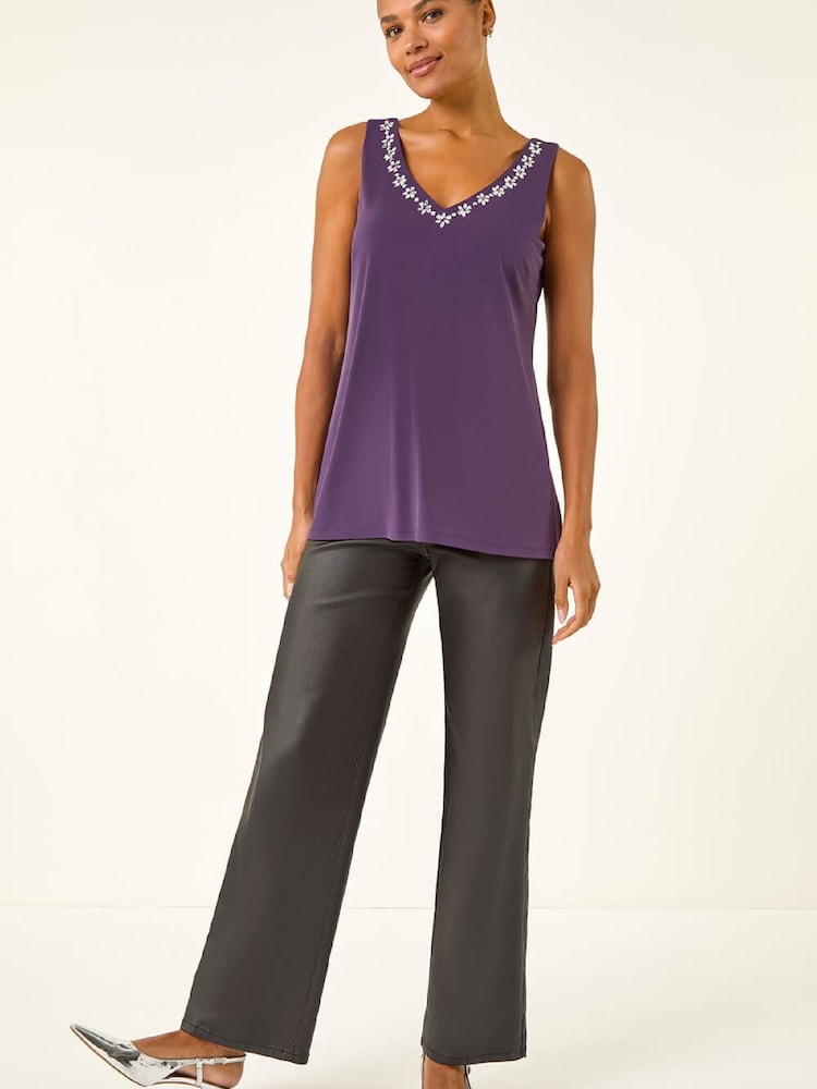Roman Purple Embellished V-Neck Stretch Vest Top - Image 1 of 5 Roman Purple Embellished V-Neck Stretch Vest Top - Image 1 of 5