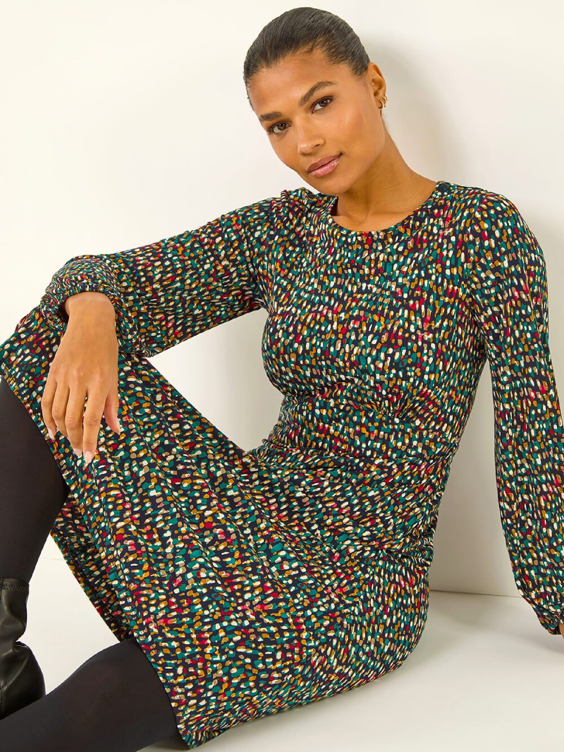 Roman Women's Green Spot Print Frill Stretch Dress