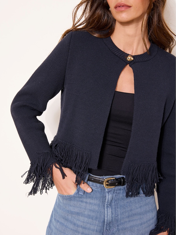 Lipsy Navy Buttoned Fringe Layered Long Sleeve Knitted Cardigan - Image 1 of 4