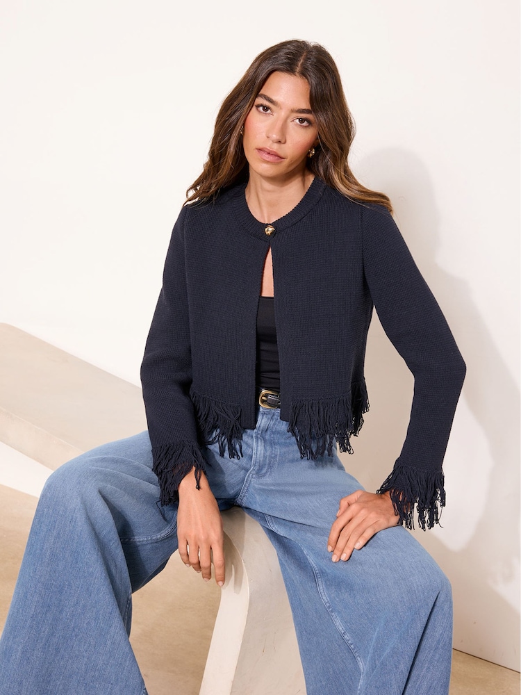 Lipsy Navy Buttoned Fringe Layered Long Sleeve Knitted Cardigan - Image 2 of 4