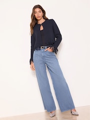 Lipsy Navy Buttoned Fringe Layered Long Sleeve Knitted Cardigan - Image 3 of 4