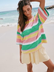 Pink/Green/Yellow Stripe - T-shirt girocollo pesante oversize con vestibilità squadrata - Immagine 1 di 7
