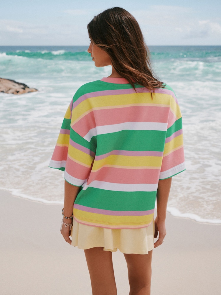 Pink/Green/Yellow Stripe - T-shirt girocollo pesante oversize con vestibilità squadrata - Immagine 2 di 7