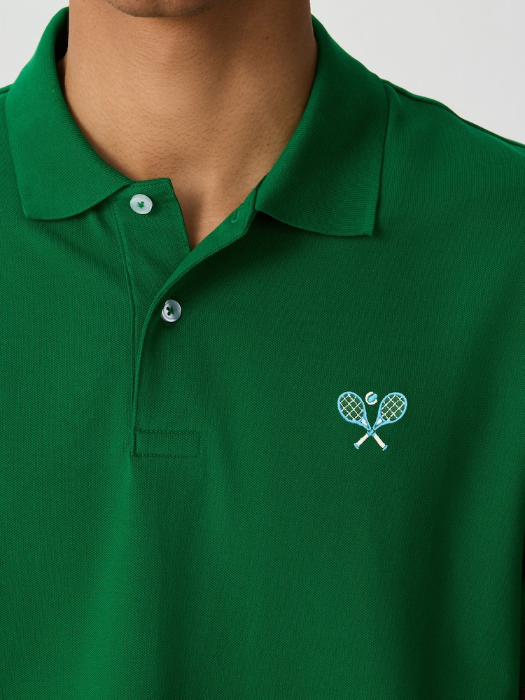 Tennis Green Embroided Regular Fit Short Sleeve Pique Polo Shirt - Image 4 of 4
