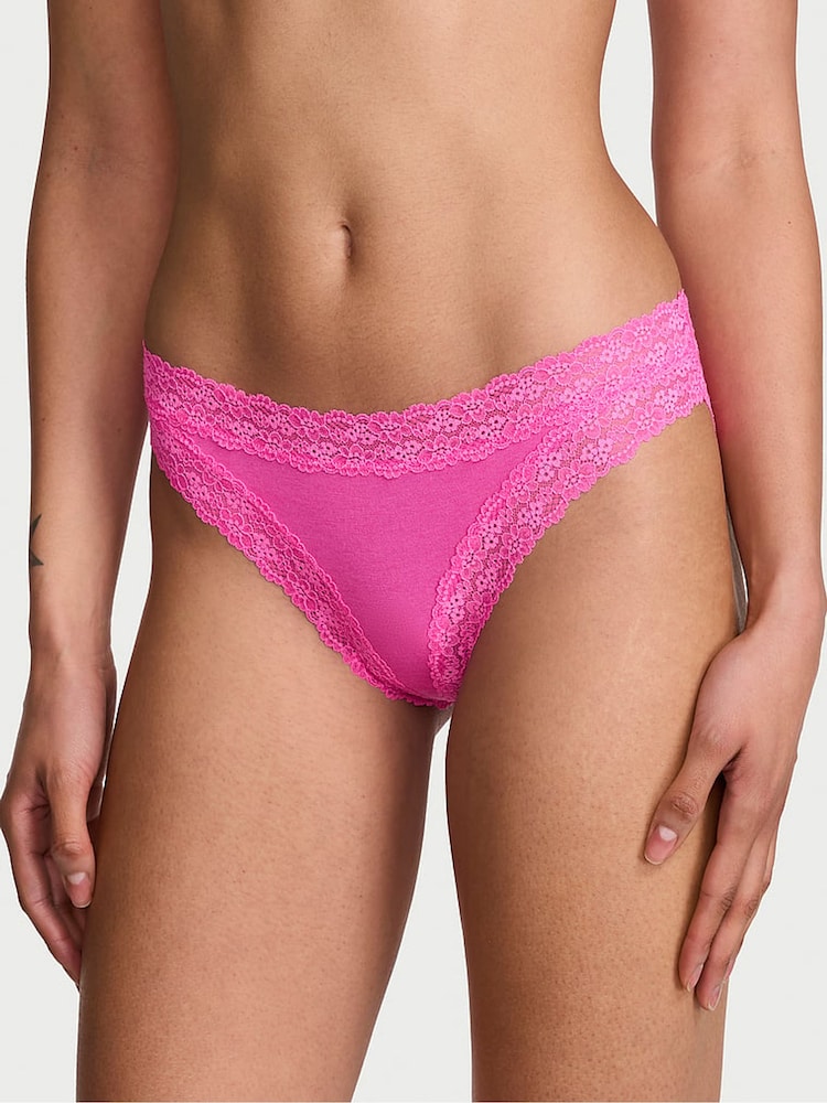 Victoria's Secret Flower Pink Bikini Cotton Lace Trim Knickers - Image 1 of 2 Victoria's Secret Flower Pink Bikini Cotton Lace Trim Knickers - Image 1 of 2